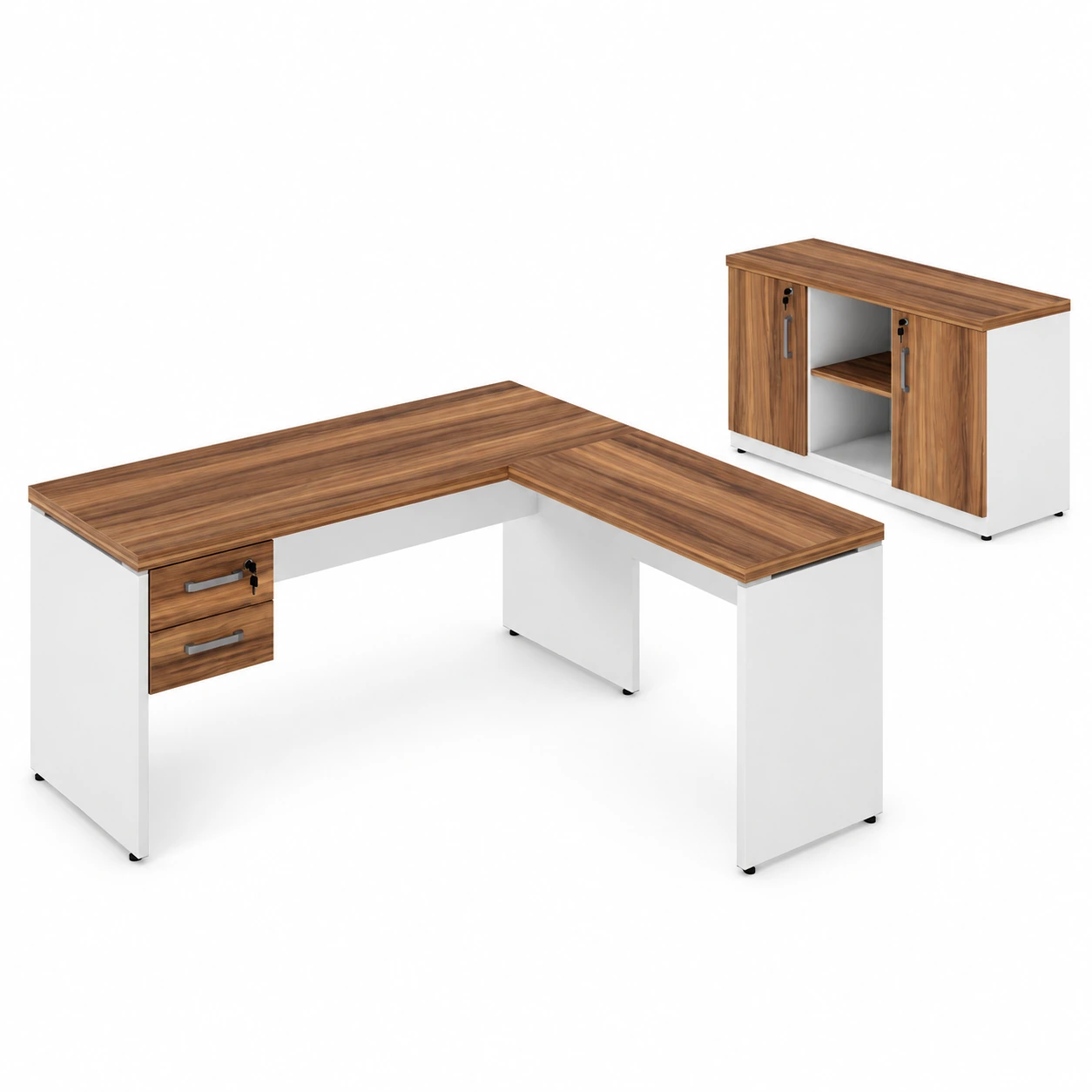 Kit Mesa Escritório em “L” c/ Gavetas + Armário Baixo Credenza – WORKSTART – NOGAL SEVILHABRANCO – 34336