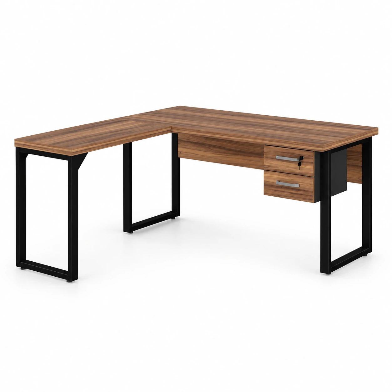 Mesa em L PÉ QUADRO (Mesa 1,50m + Mesa Auxiliar) – C Gavetas NOGAL SEVILHAPRETO – 24477