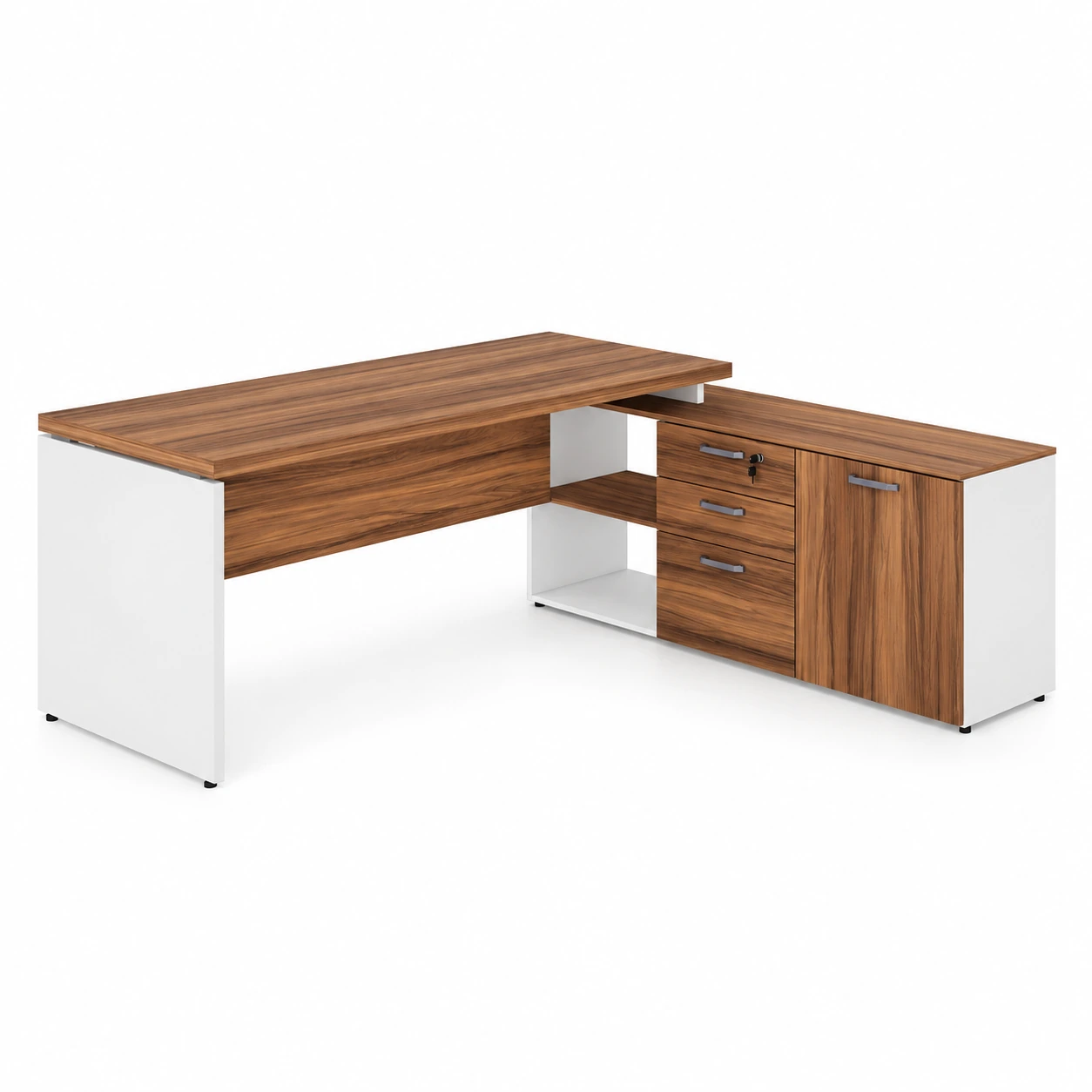 Mesa Diretorzinha c Aparador – Pé de MADEIRA – 1,90×1,50m – WORKSTART – NOGAL SEVILHA  BRANCO – 34426