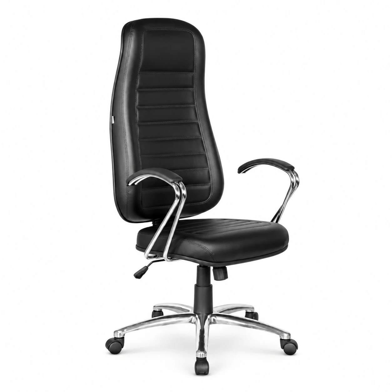 Cadeira Presidente ALTA Costurada – Base e Braço CROMADO – Corino Preto – 35103