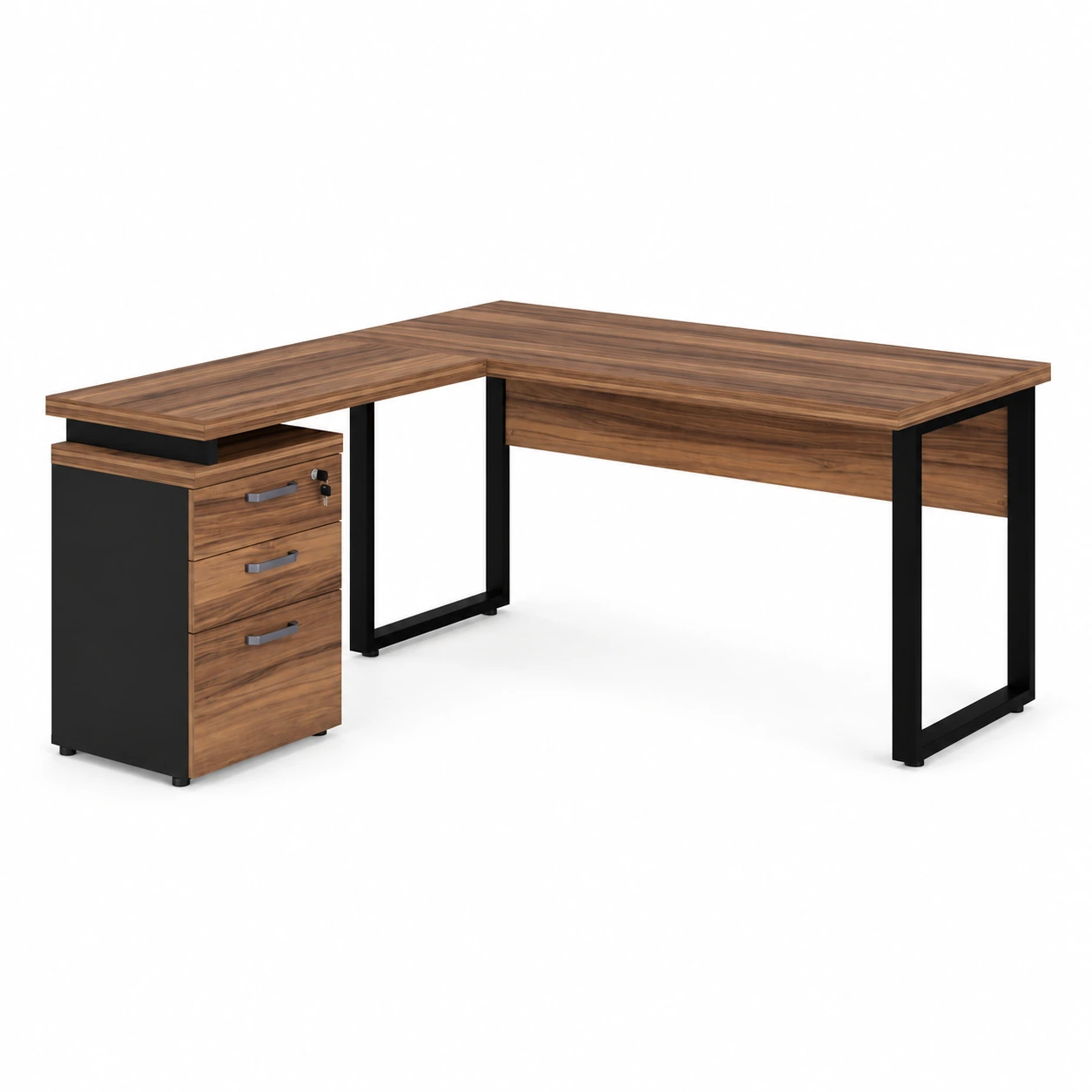 Mesa Escritório em “L” c/ Gaveteiro 1,50×1,50m NOGAL SEVILHA/PRETO – 24480